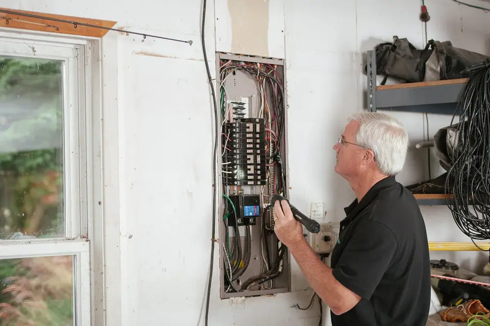 Amir testing a consumer unit in a customer's house