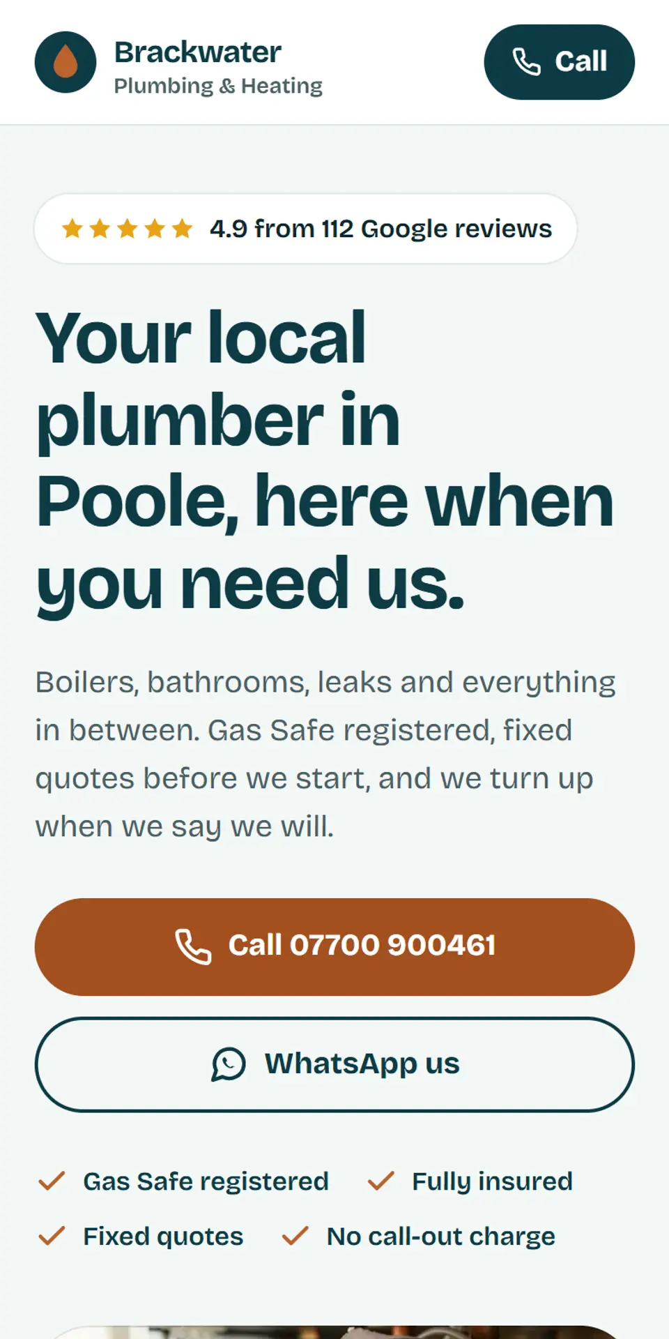 The Brackwater Plumbing demo site on a phone: a big call button, WhatsApp button and a 4.9 star Google rating at the top